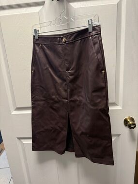 Michael Kors Chocolate Brown Faux Leather Midi Skirt with Front Vent